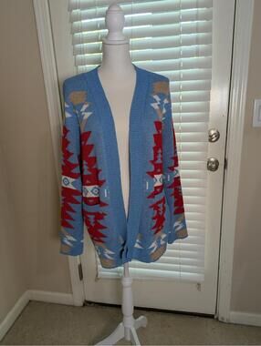 Women's Open Front Cardigan Sweater Geometric Pattern, Light Blue & Red Medium